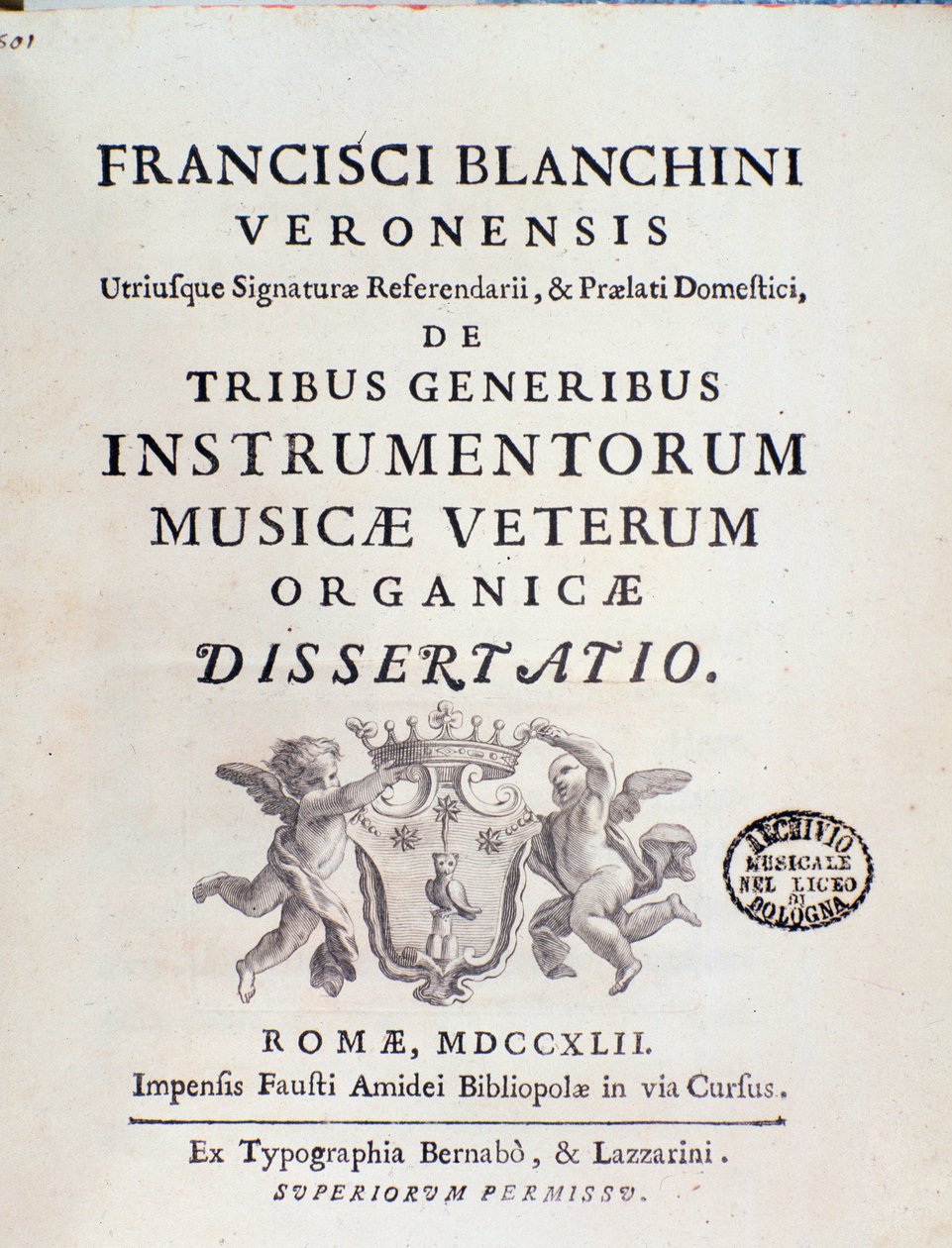 Frontispício de "" pelos três tipos de instrumentos musicais no novo "," "trabalho sobre antigos instrumentos musicais de Francesco Bianchini de Italian School