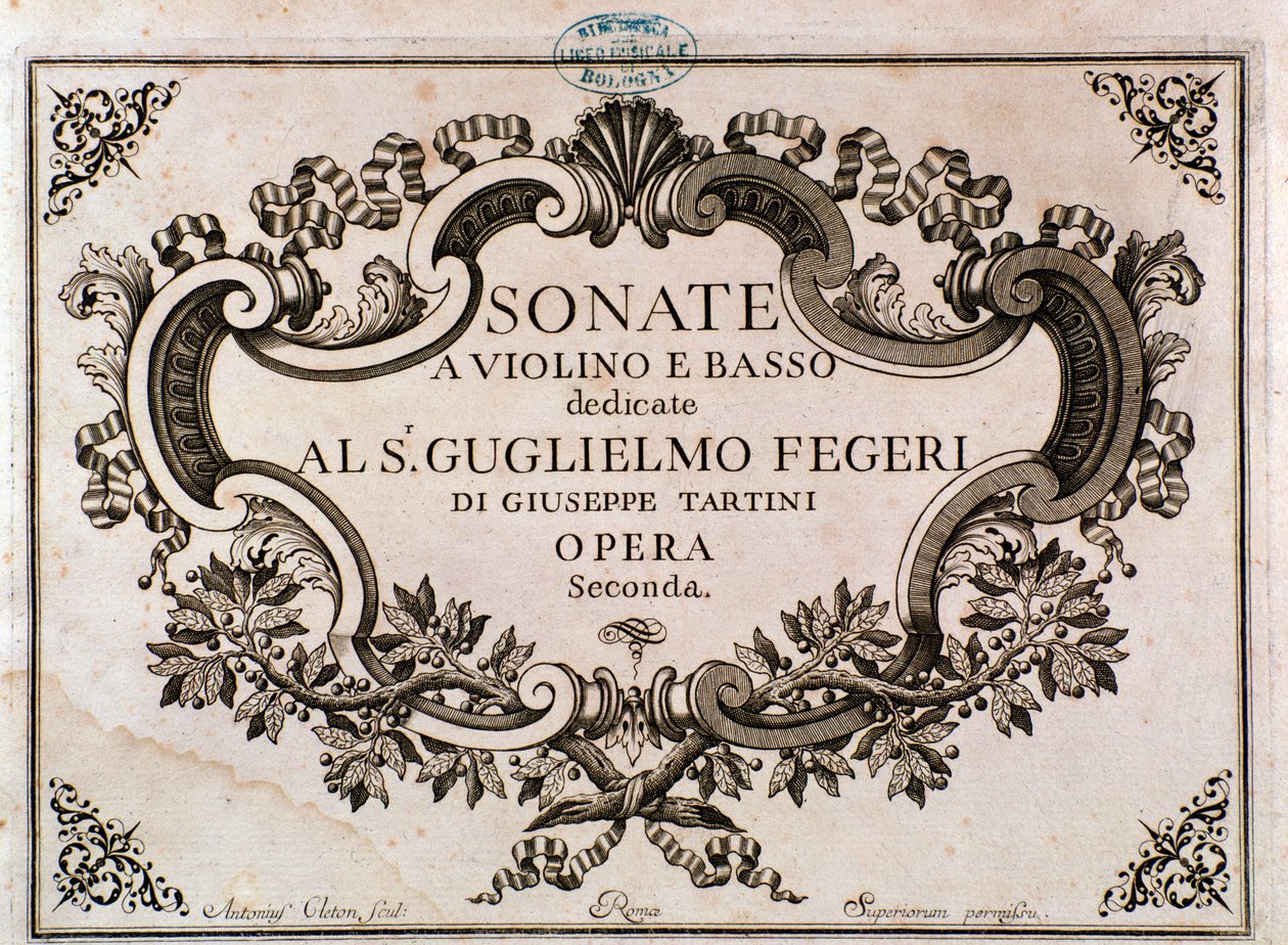 Frontispício de partitura musical para Sonatas de Giuseppe Tartini (litho) de Italian School