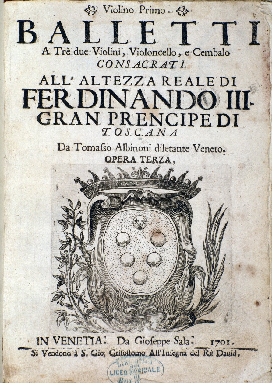 Frontispício da partitura musical de Balletti a tre, ópera III de Tomaso Albinoni (1671-1750) de Italian School