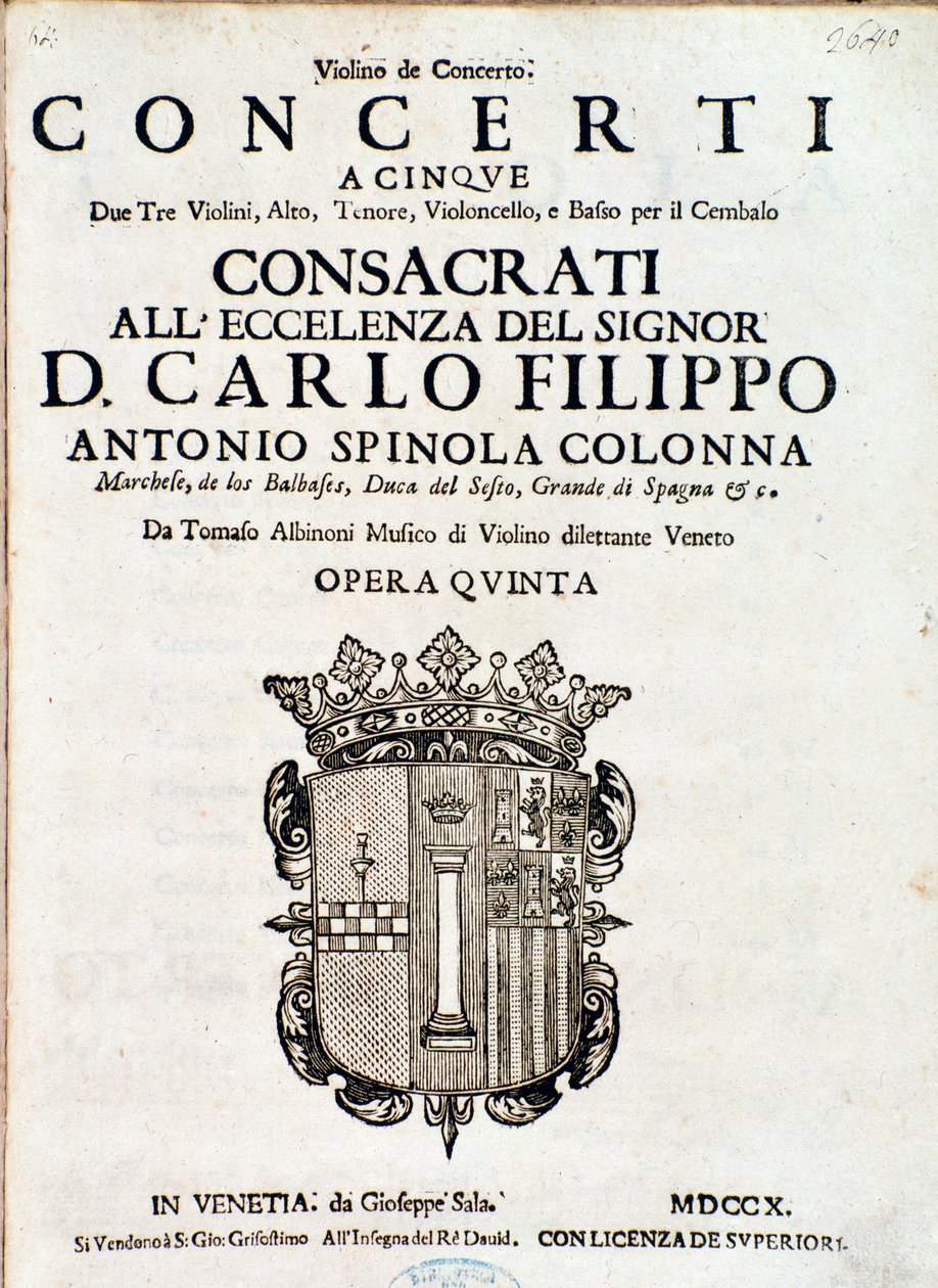 Frontispício da partitura de "Concerti a cinque, ópera 5" de Tomaso Albinoni de Italian School