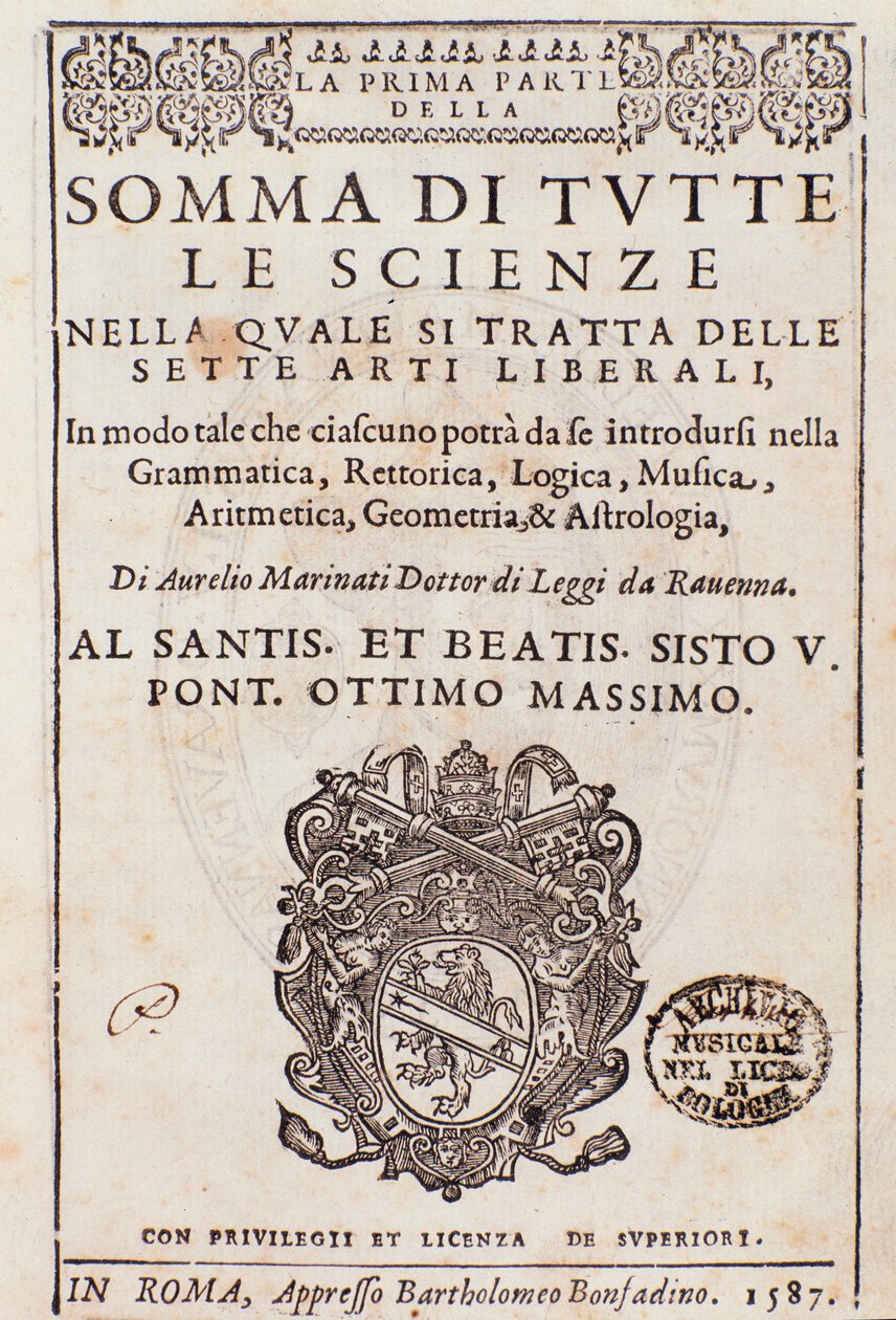 Frontispício retirado de Somma di tutte le scienze, ensaio sobre as artes liberais, de Aurelio Marinati de Italian School