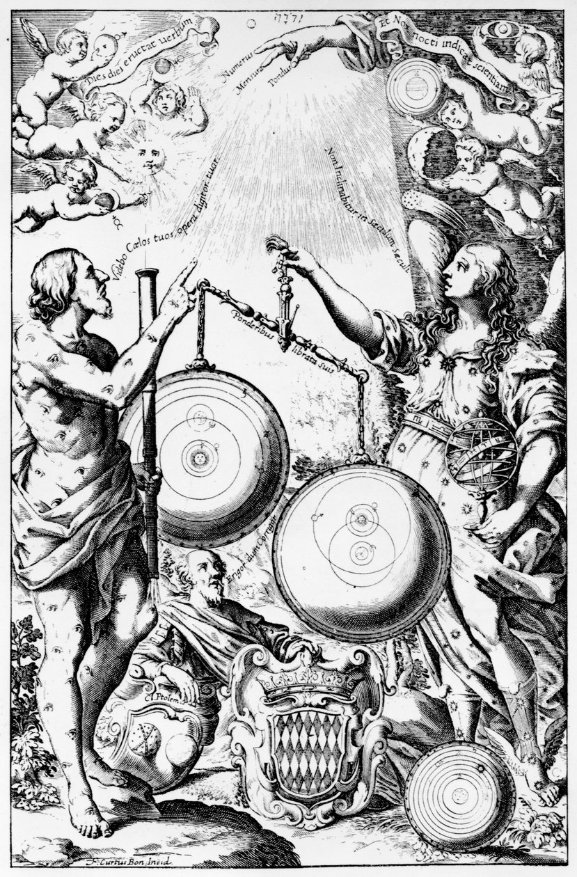 Frontispício de Almagesto Novum por Giovanni Battista Riccioli, publicado em 1651 de Italian School