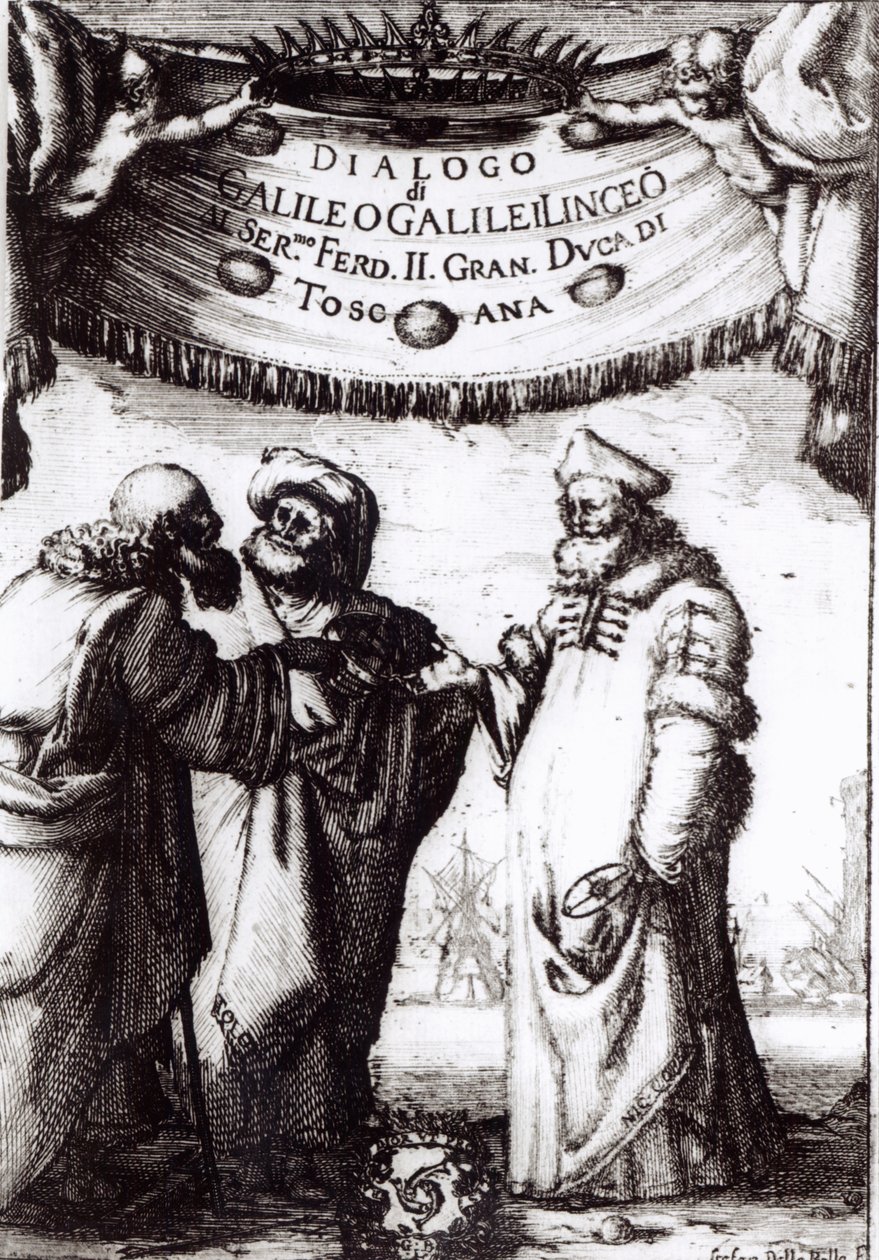 Frontispício do Diálogo acima dos dois sistemas mais altos do mundo por Galileo, publicado em 1632 de Italian School