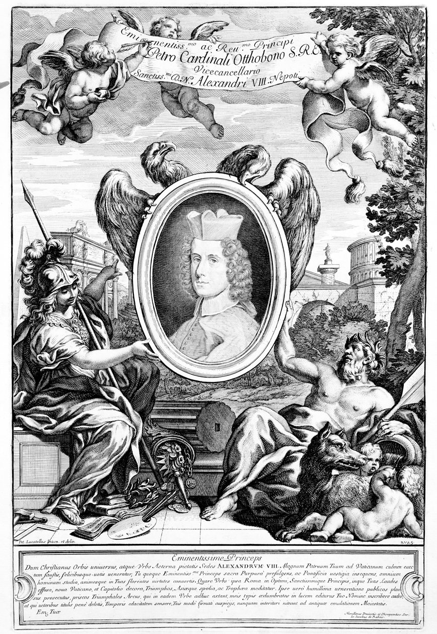 Frontispício aos velhos arco imperador vitórias notáveis com um retrato do cardeal Pietro Ottoboni gravado por Robert van Audenaerde, 1690 de Italian School