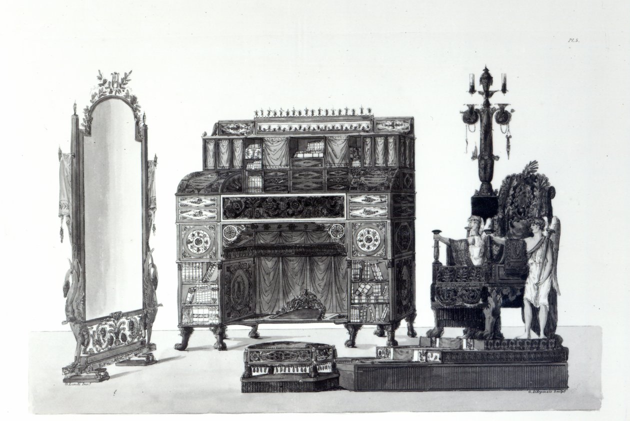 Móveis em estilo grego de Decorações Arquitetônicas de Gaetano Landi, gravado por G. DArgenzio, 1810 de Italian School
