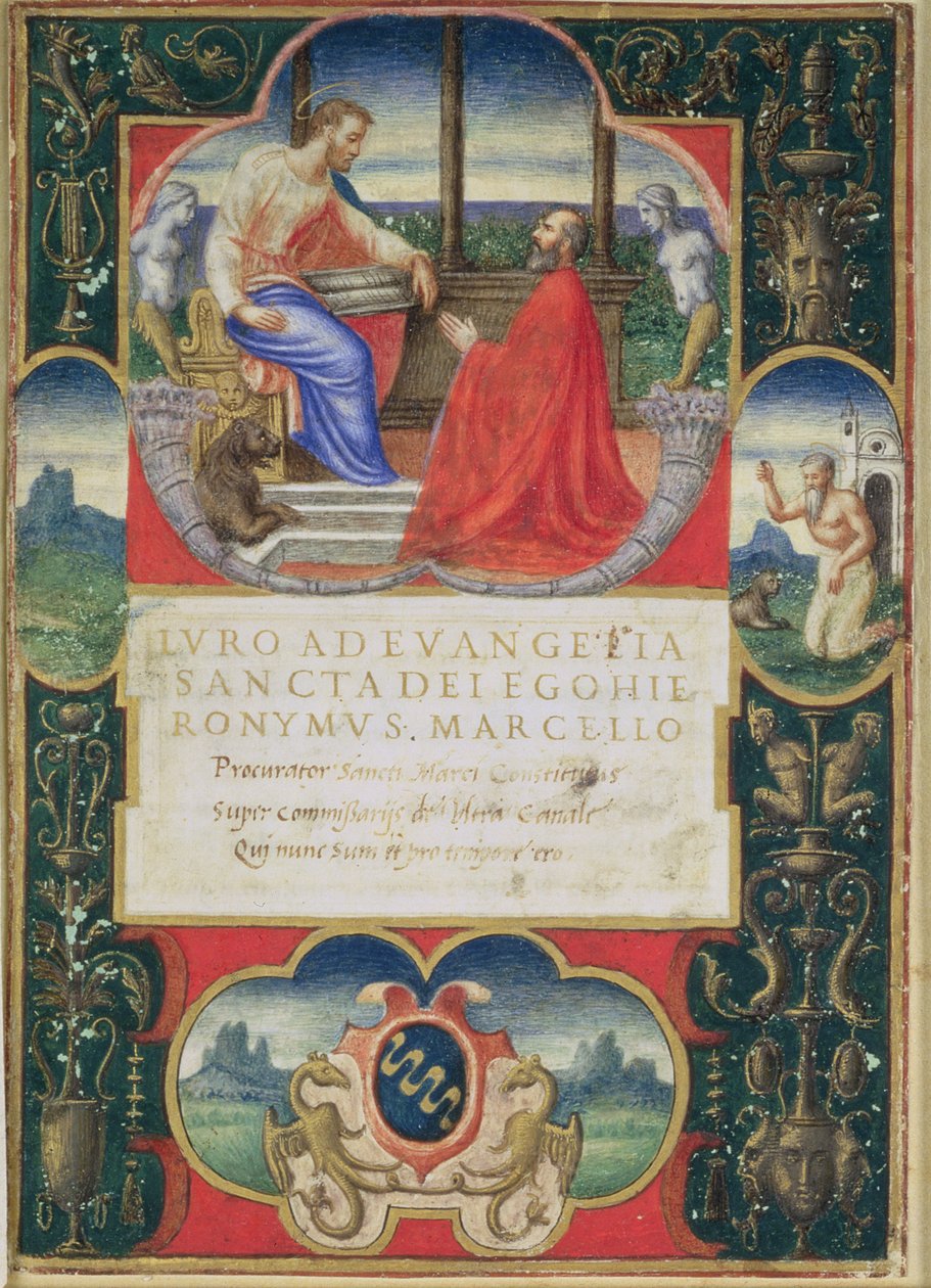 G. Marcello ajoelhado diante de São Marcos e São Jerônimo e o brasão de armas do Marcello Familly, 1537 de Italian School