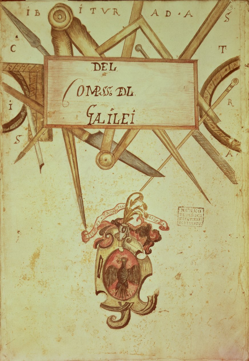 Gal.37 f.3r Frontispício de um manuscrito de cópia da Operação das bússolas geométricas e militares de Galileu Galilei (1564-1642) de Italian School