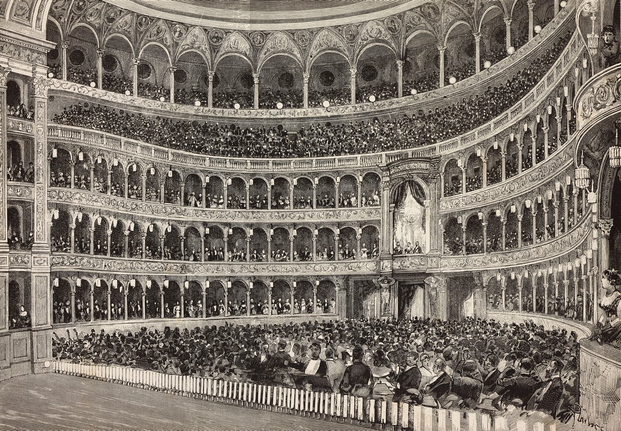 Noite de gala no teatro Costanzo em homenagem ao príncipe herdeiro da Alemanha (futuro Frederico III), Roma, Itália, gravura de desenho de Dante Paolocci, de L