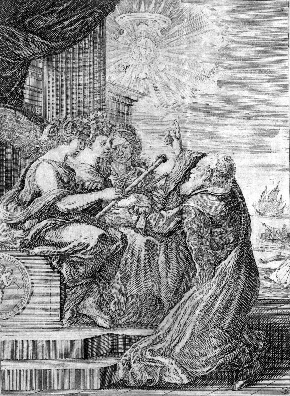 Galileu, astrônomo (1564 - 1642) apresenta o telescópio às três graças. Com sua mão direita, ele indica o planeta Júpiter com seus satélites descobertos por ele mesmo e dedicados à família Medici. Frontispice de "Opere di Galileo" Bolonha de Italian School