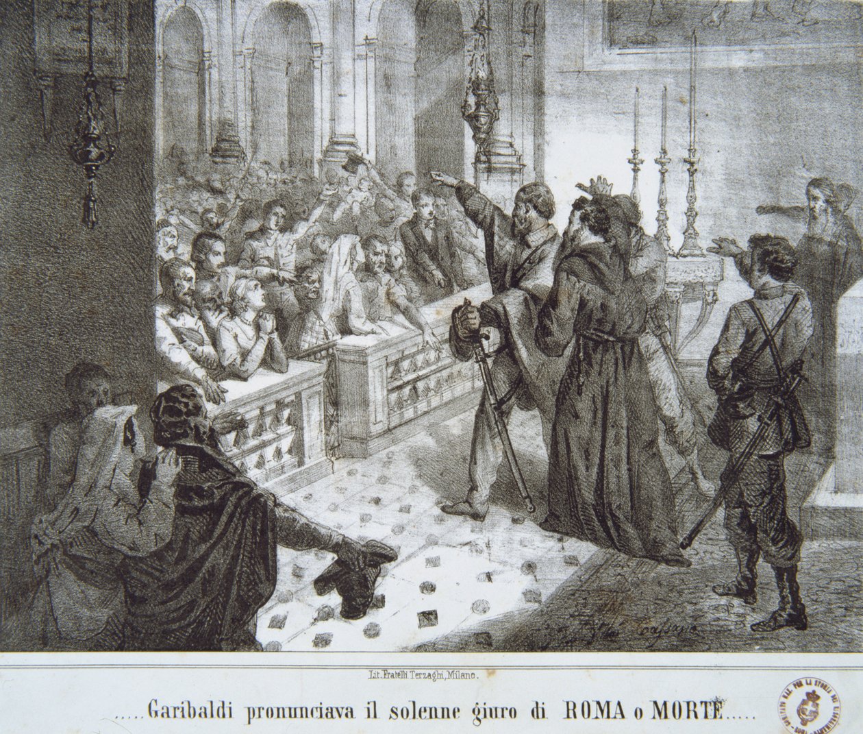 Garibaldi pronunciando a famosa frase Roma ou Morte de Italian School