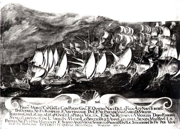 General Francisco Morosini (1618-94) e a frota veneziana em um encontro com a frota turca na costa de Creta, maio de 1661 de Italian School