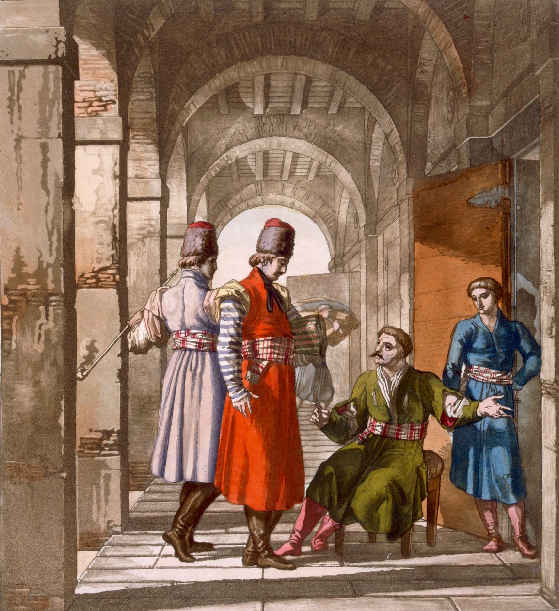 Homens georgianos conversando e fumando em uma galeria, c.1820s-30s de Italian School