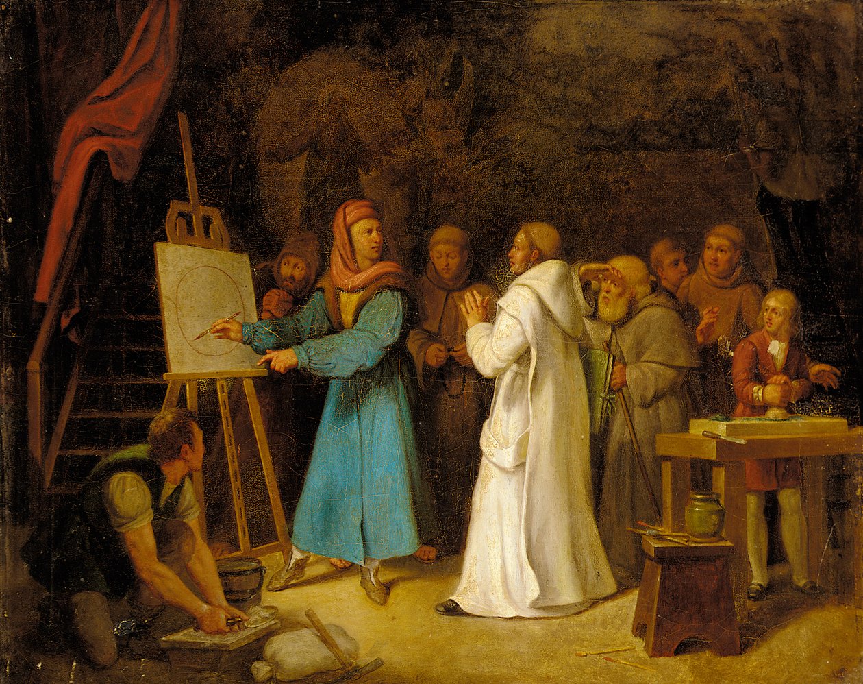 Giotto demonstrando a arte do desenho em seu estúdio de Italian School