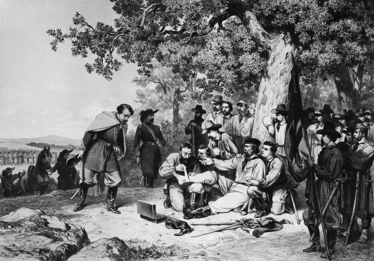Giuseppe Garibaldi (1807-82) ferido na Batalha de Aspromonte em 1862 de Italian School