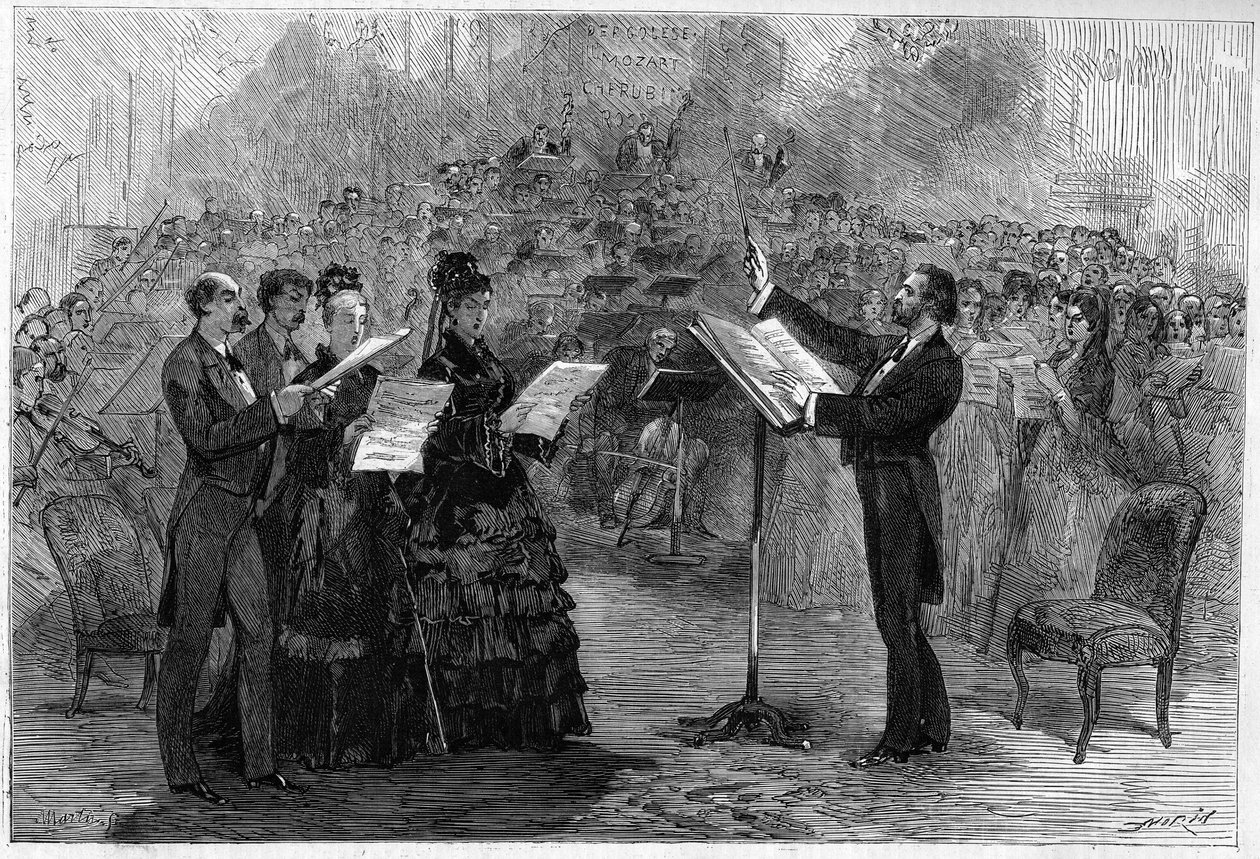 Giuseppe Verdi conduzindo a Messa de Requiem na Ópera-Comique de Paris em 1874 de Italian School