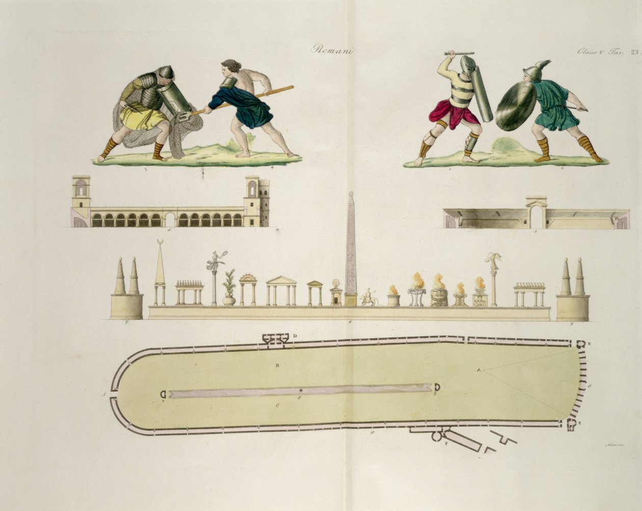 Gladiadores e um plano do circo de Caracalla, placa 23A, classe 5 da Parte I da História das Nações, gravada por A. Nani (aquatint) de Italian School