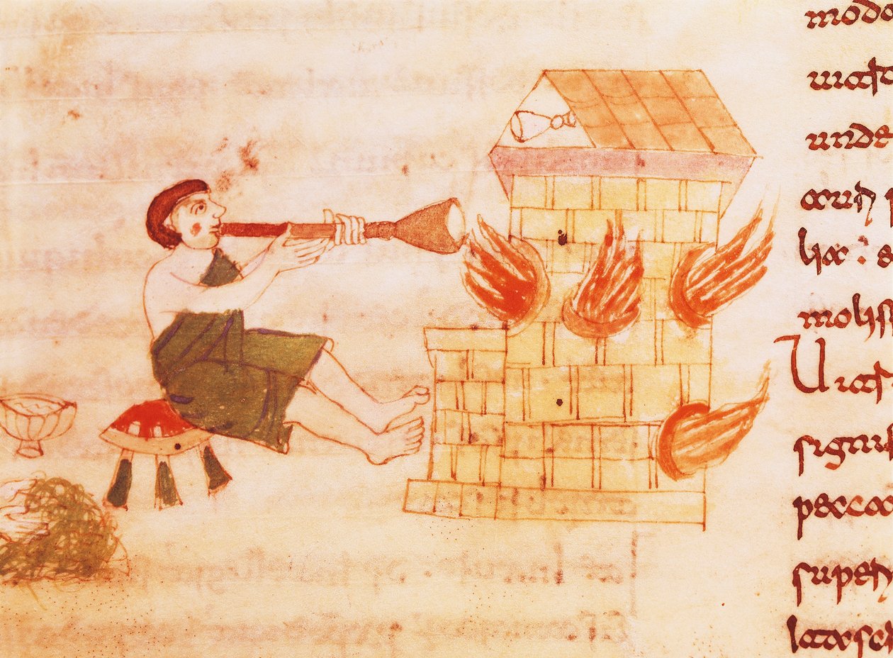 Glassblowers, miniatura de "De universo" de Rabano Mauro, manuscrito, Itália Século XI. de Italian School