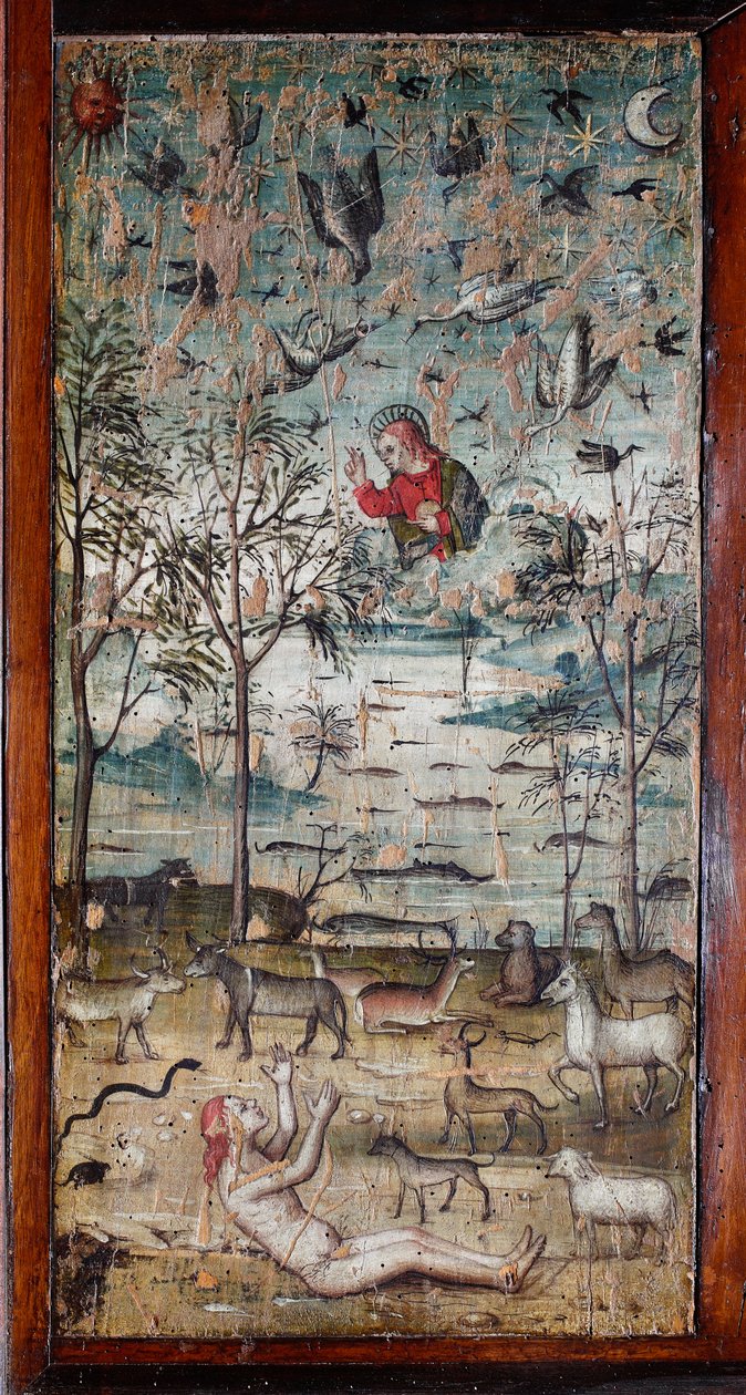 Deus cria Adão, animal, terra, céu e água Pintura em madeira decorando um painel de gabinete da antiga sacristia de Bramante (Pintura na sacristia de Bramante) Basílica de Santa Maria delle Grazie, Milão, Itália de Italian School