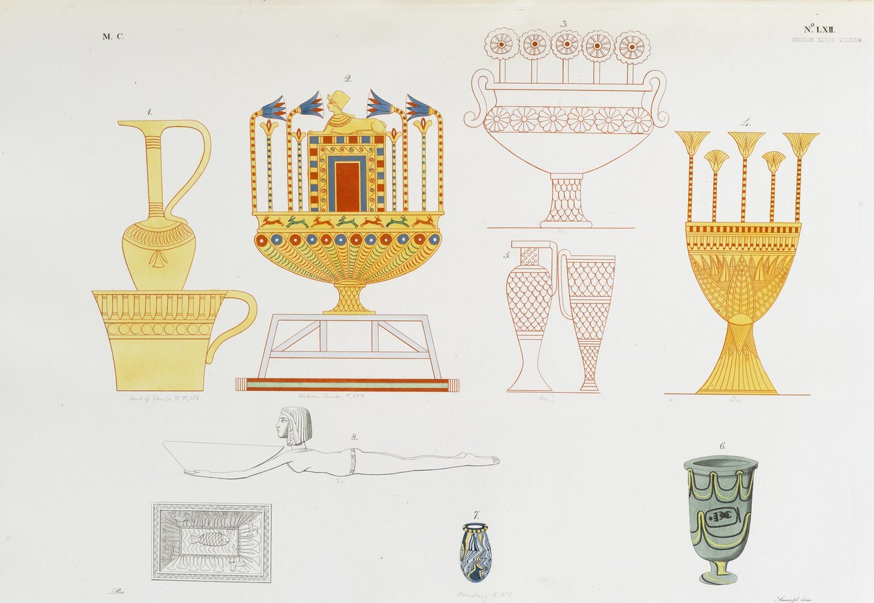 Vasos de ouro e potes de vidro da tumba de Theban de Italian School