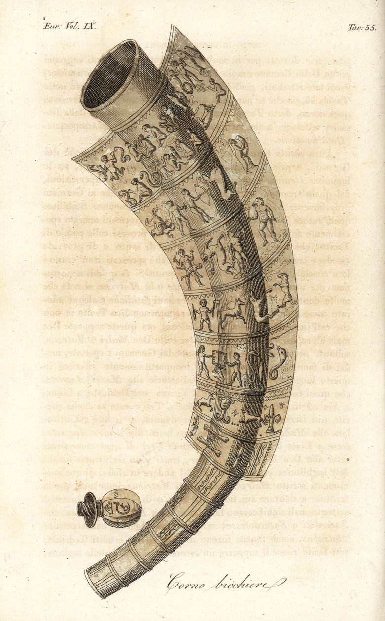 Trompa Dourada de Gallehus, trompa de beber ou Tunderense (gravação em chapa de cobre colorida à mão) de Italian School