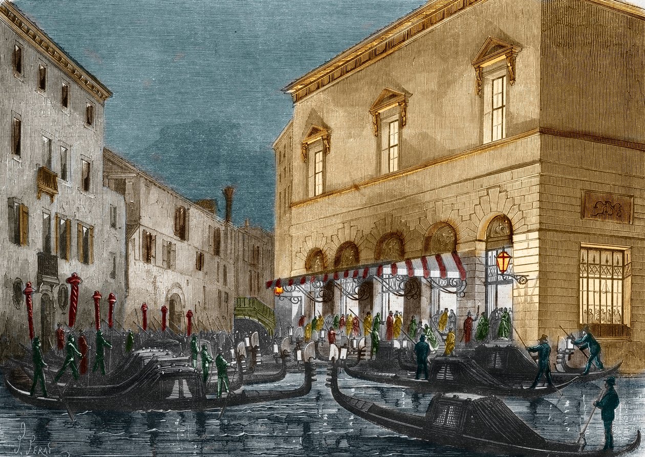 Gondoleiros à espera de espectadores fora do Teatro La Fenice, Veneza, Itália, do Le Monde Illustre n ° 564, 1868 de Italian School