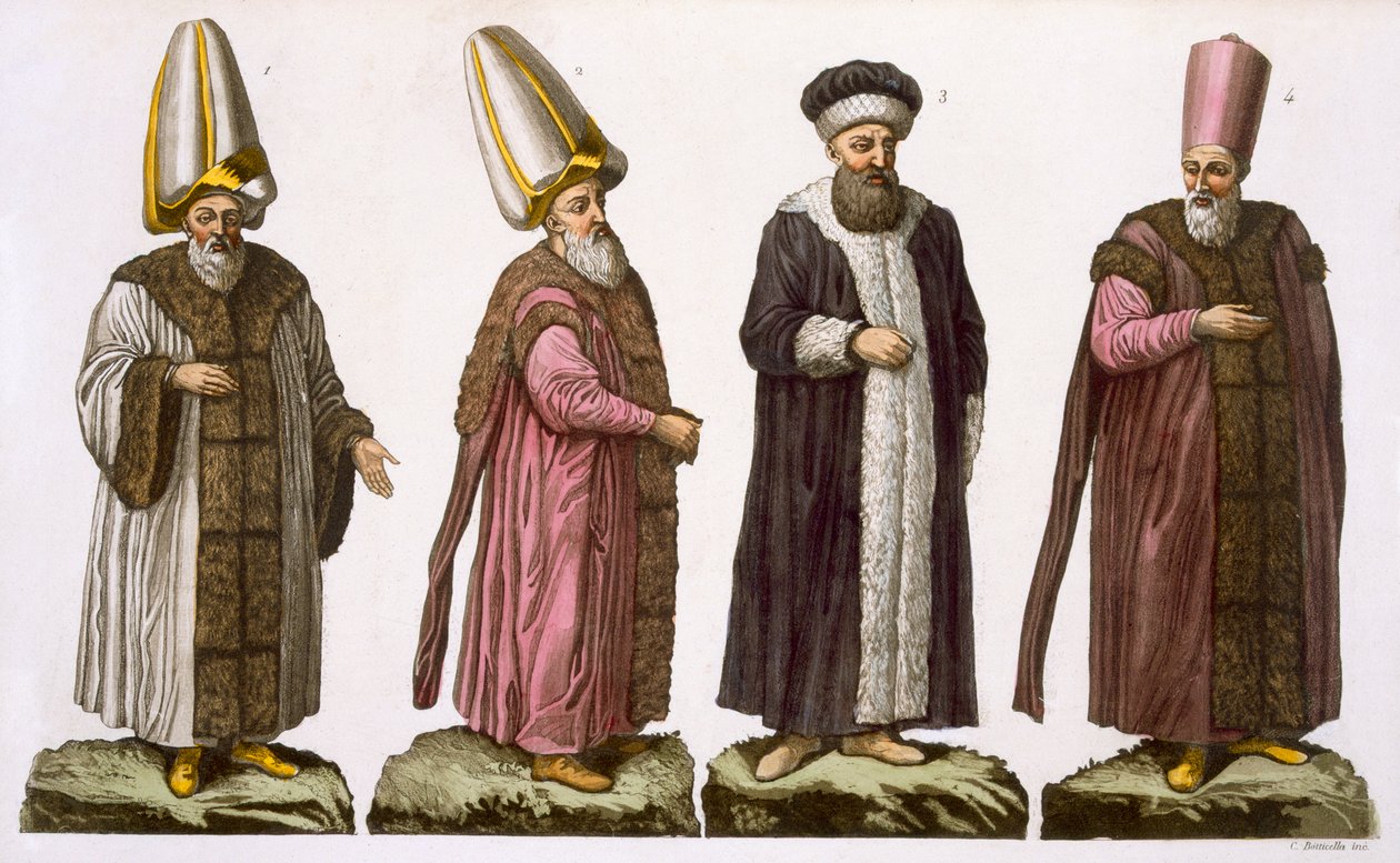 Grande Visir, Caim-Mecam, Reis-Efendi e Khodjakian, prato 15 da Parte III, Volume I de A História das Nações, gravado por C. Botticella (aquatint) de Italian School