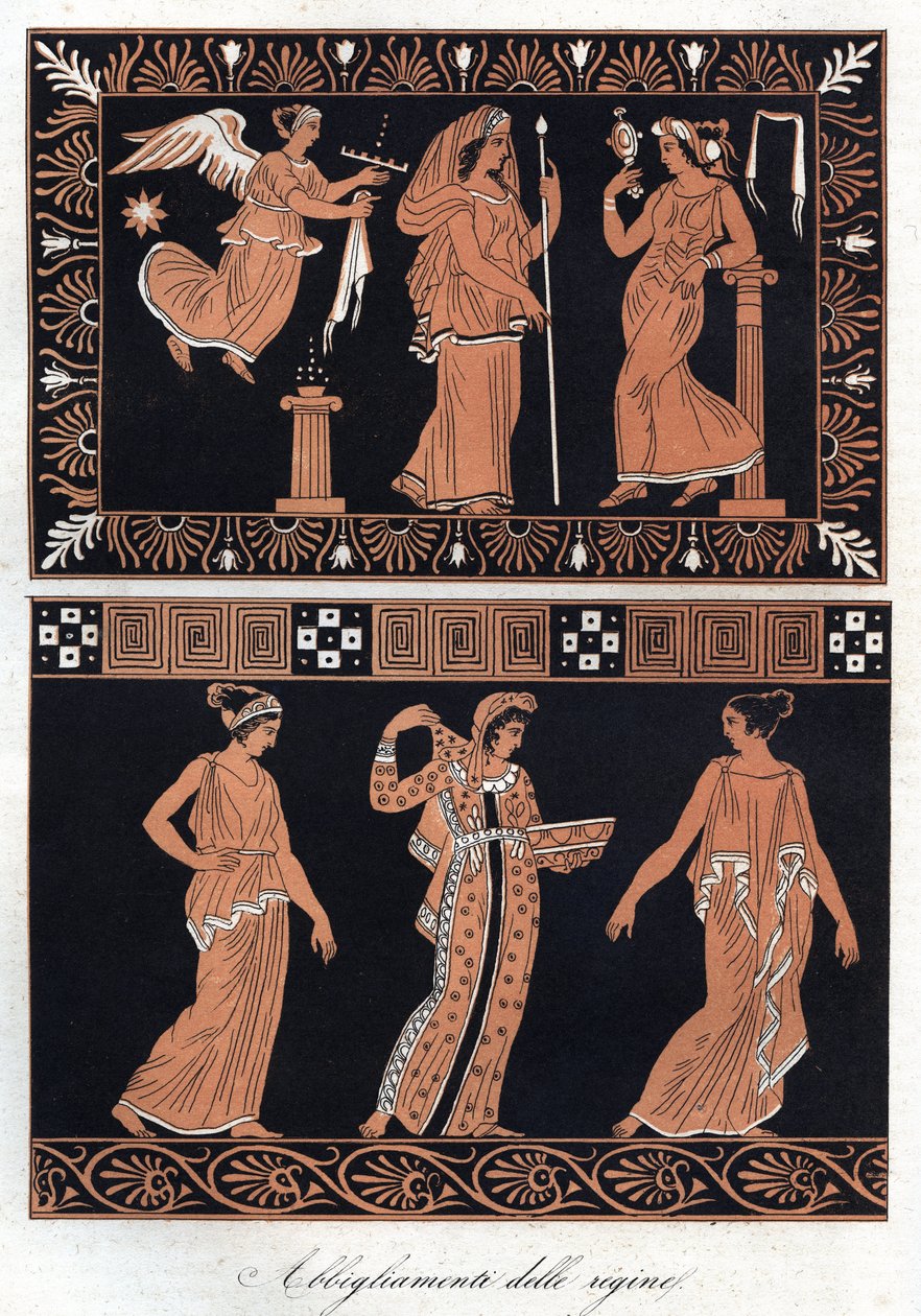 Greek Queens Dresses - rainhas dos vestidos gregos - gravura de "Uses and Customs of All the Peoples of the Universe". Ou História do Governo, Leis, Milícias, Religião de Todas as Nações desde os tempos mais remotos até ao dia de hoje" 1856 de Italian School