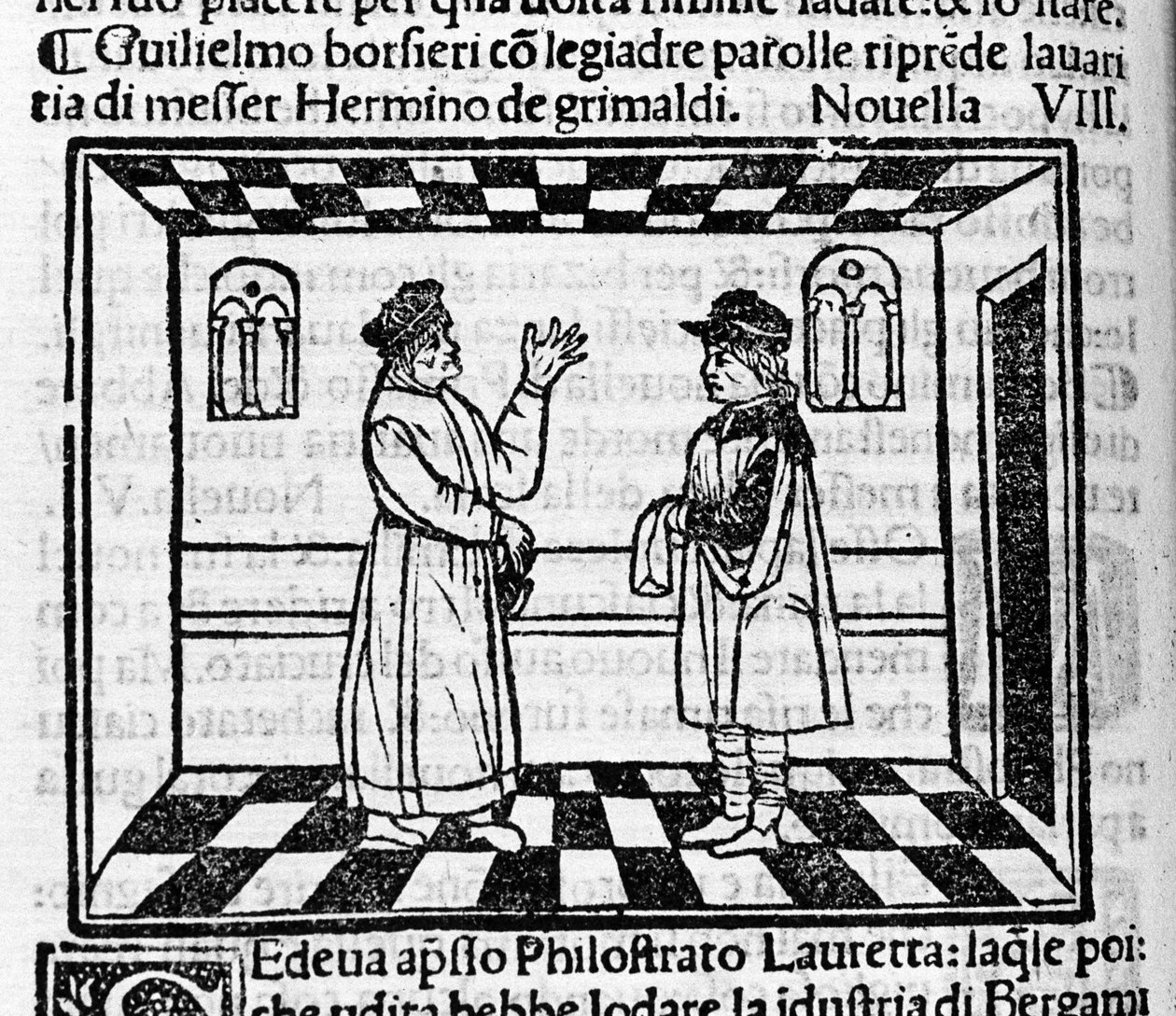 O sovina de Grimaldi Erminio enfrenta Guglielmo Borsiere, que tenta extrair dinheiro dele com belas palavras. Ilustração para o novo 61 (Novo 8 do primeiro dia) do "Decameron" de Giovanni Boccaccio dit Jean Boccaccio (1313-1375), escritor italiano. Engravi de Italian School
