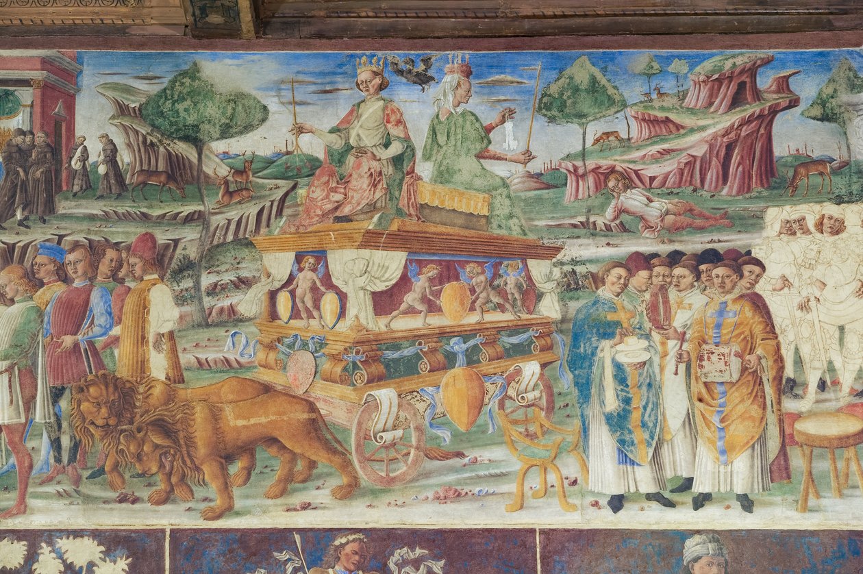 Salão dos Meses, Muralha do Norte: "Julho" com o triunfo de Júpiter e Cibele, c.1468-70 (fresco) de Italian School