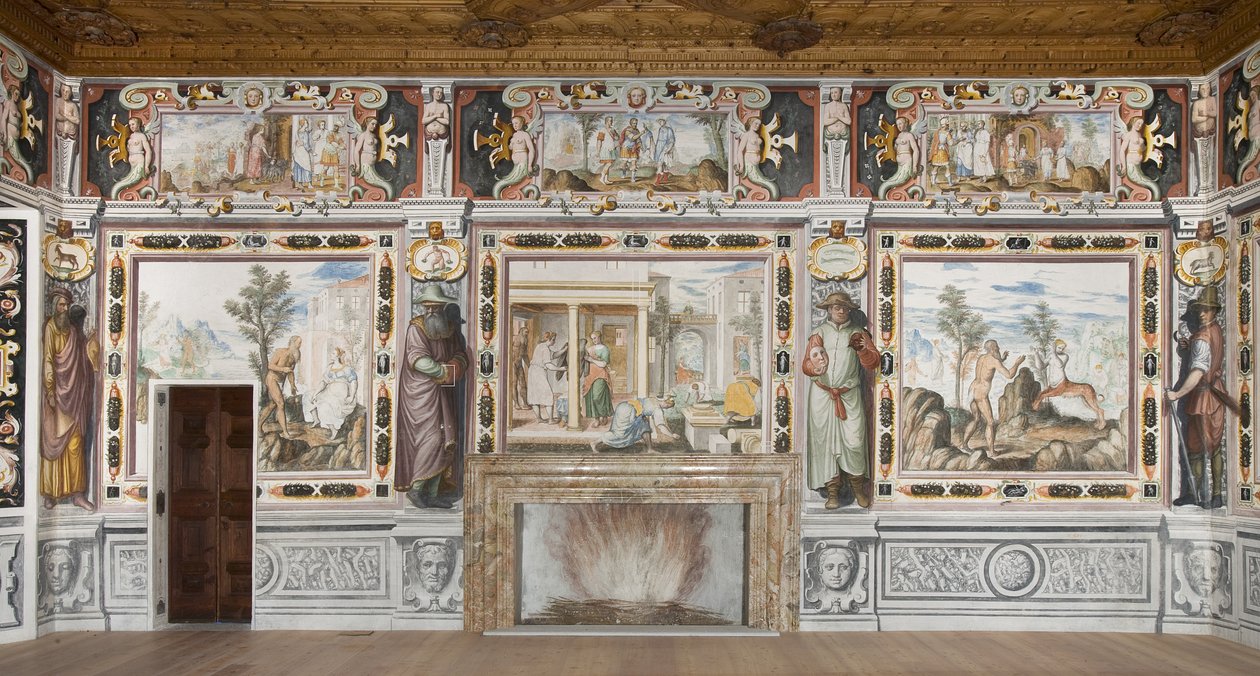 Hall of the Zodiac: Deuses castigando homens e figuras masculinas representando os meses do ano (fresco) de Italian School