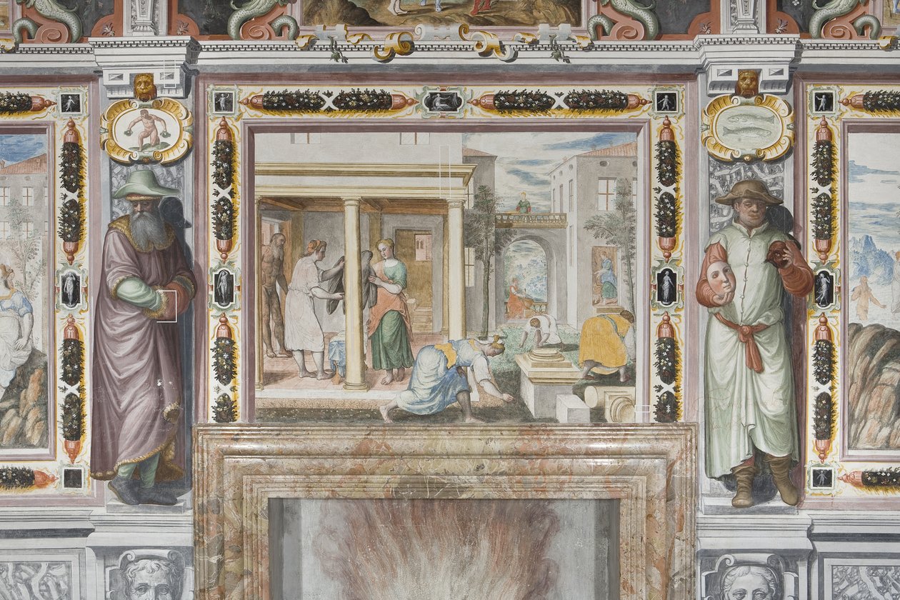 Hall of the Zodiac: Deuses castigando homens e figuras masculinas representando os meses do ano (fresco) (detalhe de 3496554) de Italian School