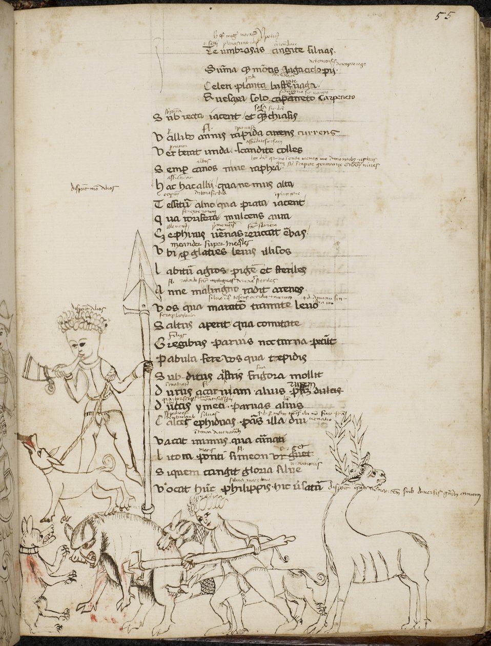 Harley 2453, f.55 Uma cena de caça com um javali, um veado, caçadores, cães e uma lebre, de 
