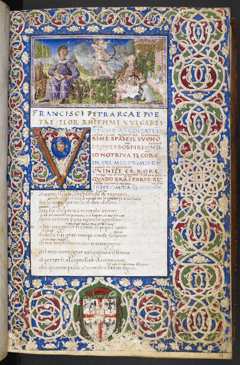 Harley 3567, f.9 Miniatura de Petrarca e Laura, com Amor apontando a sua flecha para Laura, de "Rime e Trionfi de Italian School