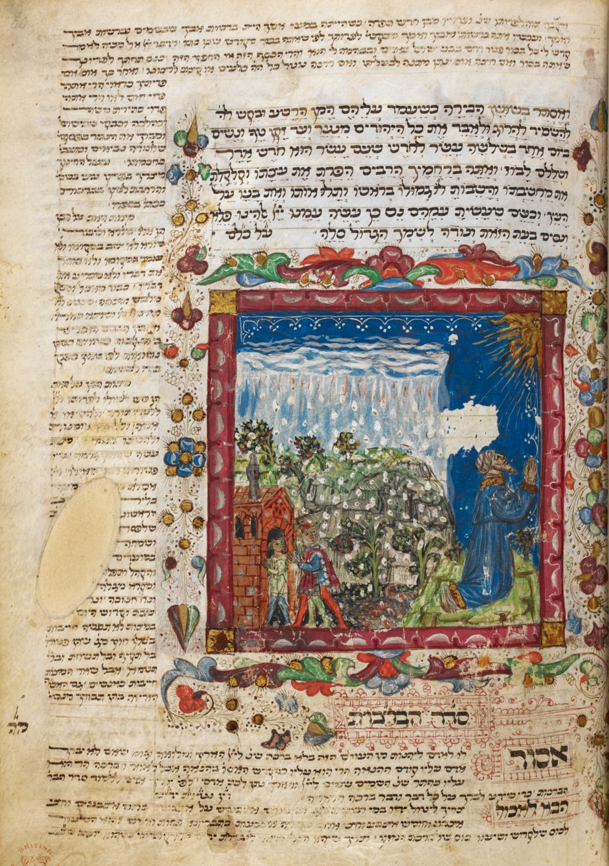 Harley 5686, f.60 Rezando pela chuva, de um livro de orações do Festival de Leon ben Joshua De Rossi de Cesena, Itália de Italian School