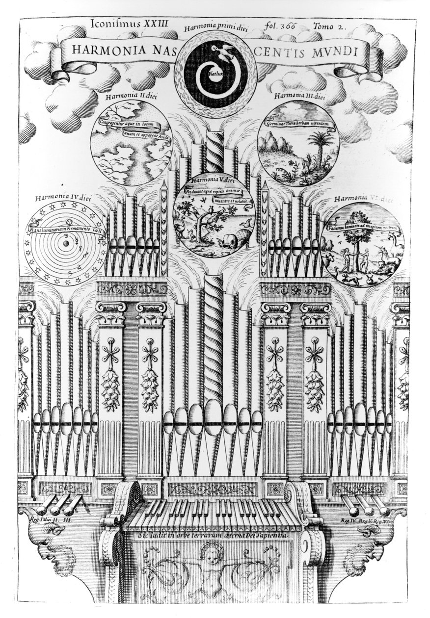 Harmonia do Nascimento do Mundo (Harmonia Nascentis Mundi), ilustração de Musurgia Universalis, vol.2, fol.366, de Athanasius Kircher, publicada em Roma, 1650 de Italian School
