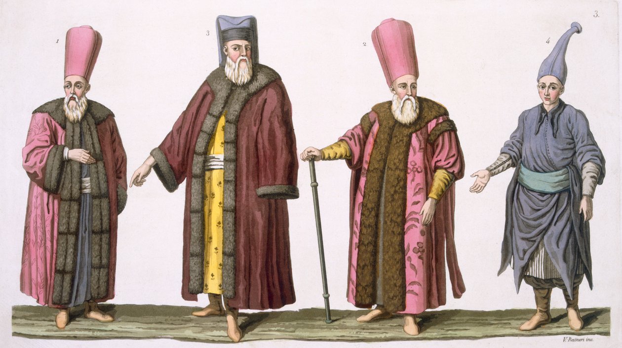 Chefe Usher do Harem, Capitão dos Harem Ushers, Harem Usher e Pageboy, prato 3 da Parte III, Volume I de A História das Nações, gravado por V. Raineri (aquatint) de Italian School