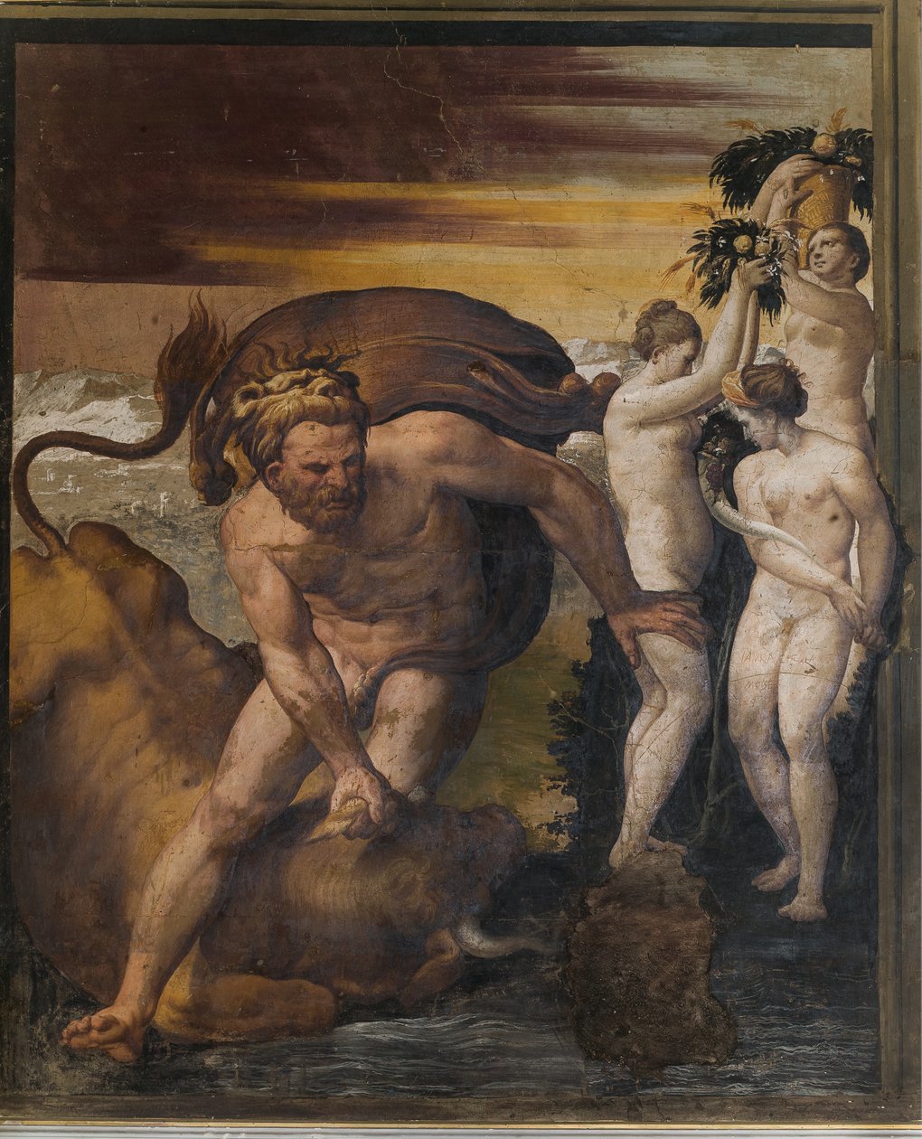 Hércules matando o touro Cretan, da Sala Amarela, Rocca Meli Lupi, Soragna, Parma de Italian School