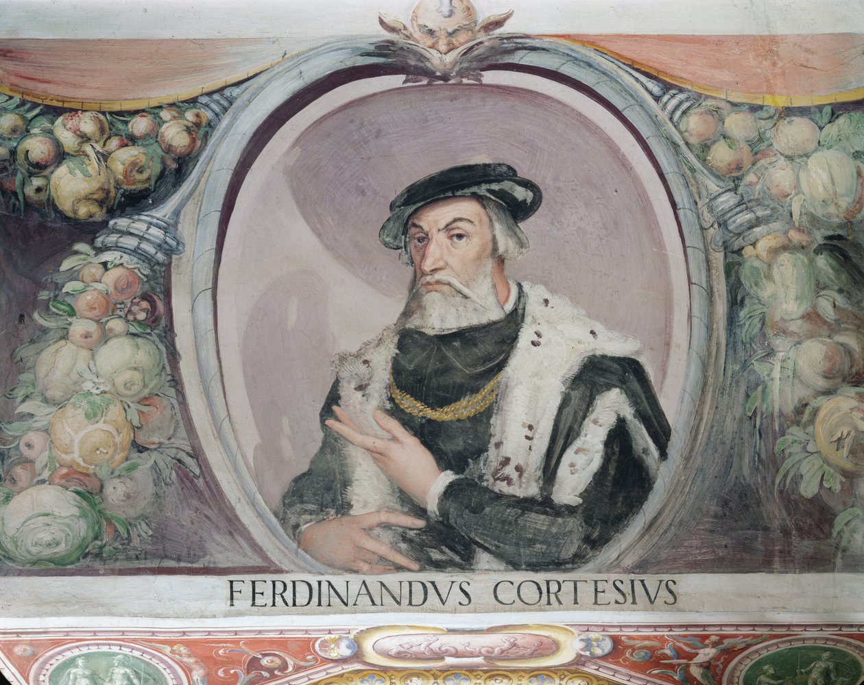 Hernan Cortés, na Sala del Mappamondo de Italian School
