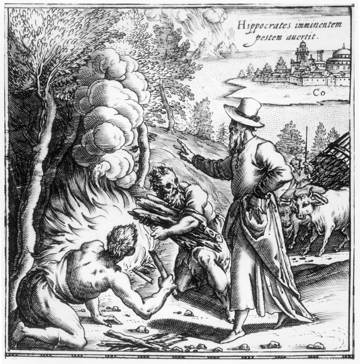 Hipócrates (c.460-c.377 aC), explicando a importância do contágio na epidemia de peste, página de título de Hippocratis Opera Quae Extant, pub. em Venezia, 1588 de Italian School
