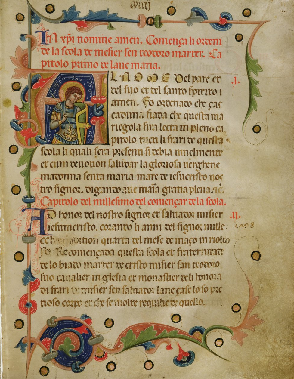 Historiated inicial &39;A&39; mostrando St. Theodore, de um Mariegola, 1350 (tinta aveludada) de Italian School