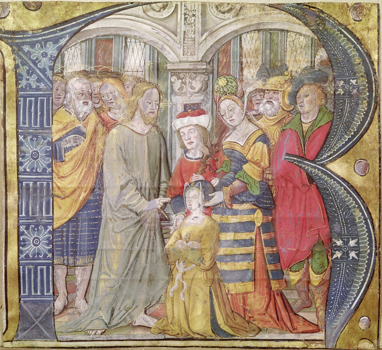 Historiated inicial B representando Cristo curando uma mulher possuída de Italian School
