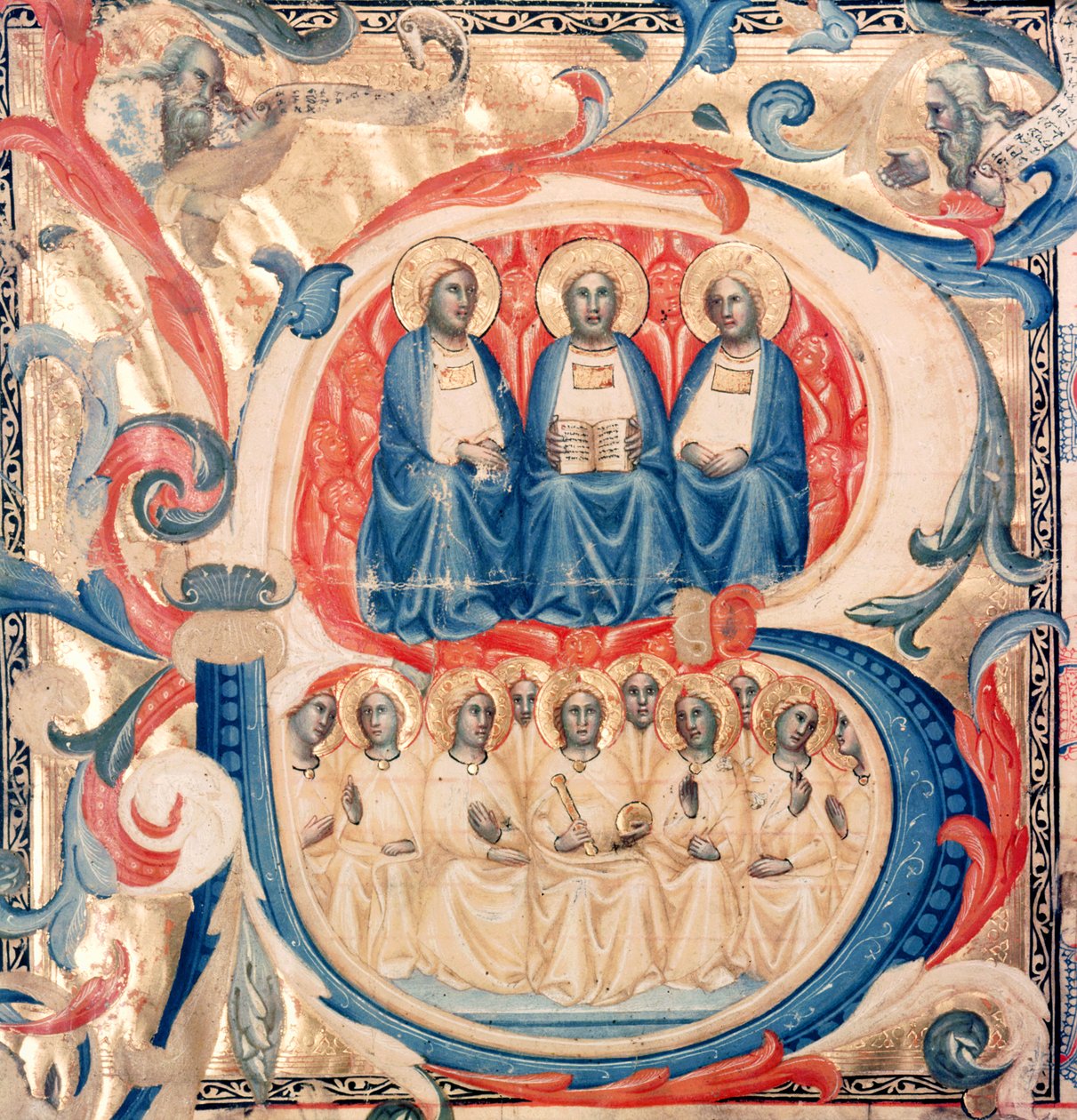 Historiated inicial B representando a Trindade e Cristo cercado por anjos, Escola bolonhesa, c.1340-50 de Italian School