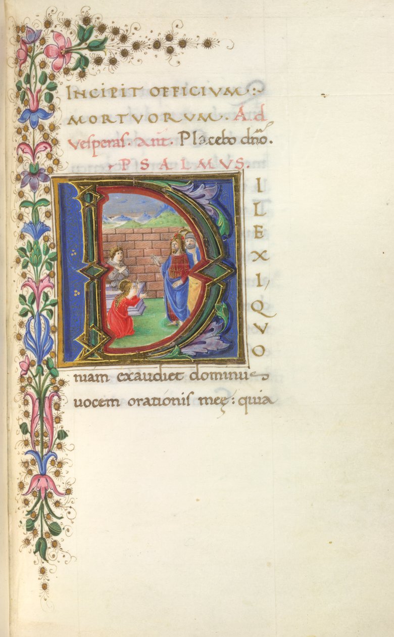 D inicial historiada (ilexi) de Cristo ressuscitando Lázaro dos mortos, e margem parcial, no início do Ofício dos Mortos de Italian School