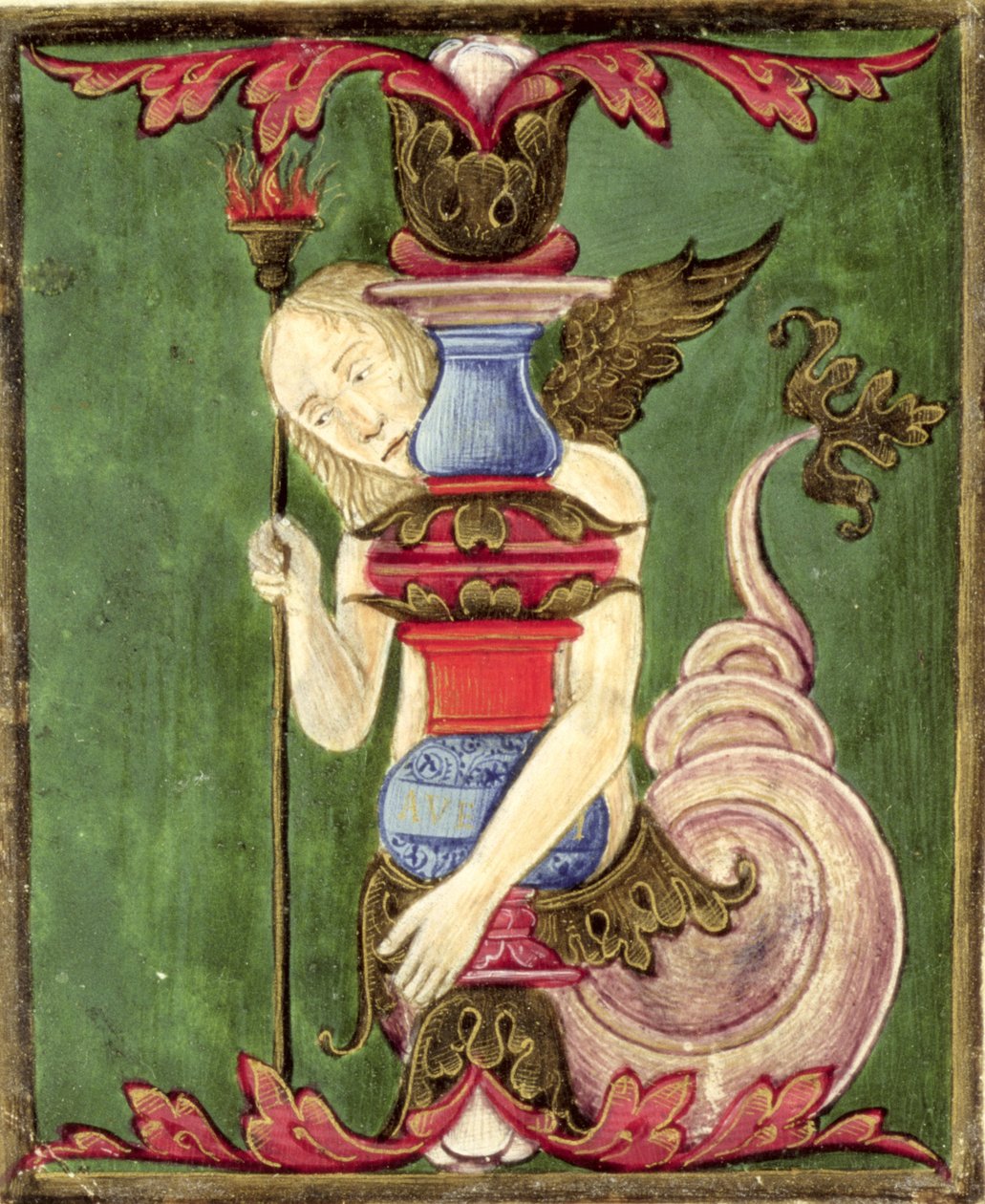 Historia do "I" inicial que representa uma Sereia Alada (vellum) de Italian School
