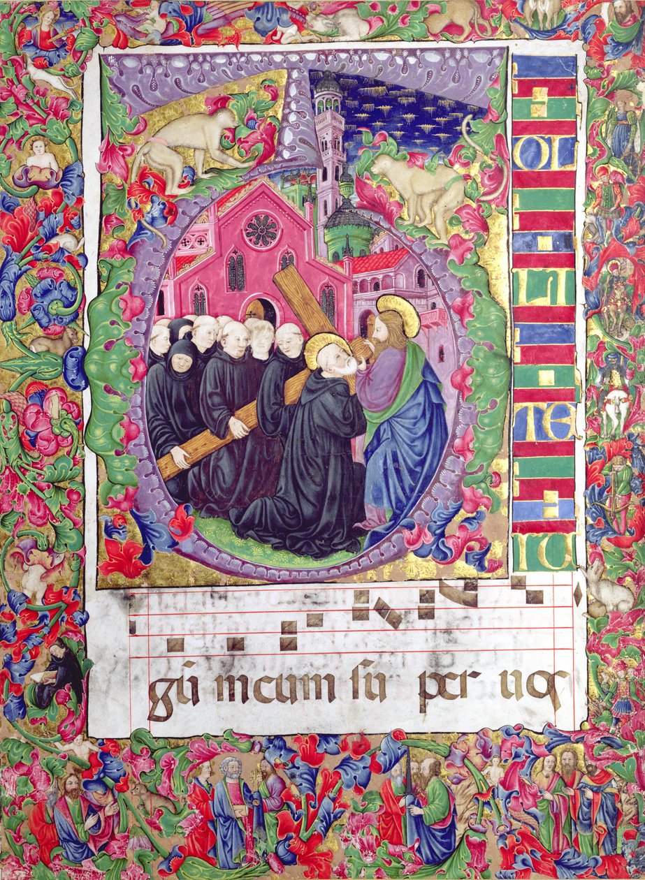 Q" inicial historiada, retratando Cristo segurando a cruz de São Bento e os monges beneditinos, de Veneza, c.1440 (vellum) de Italian School