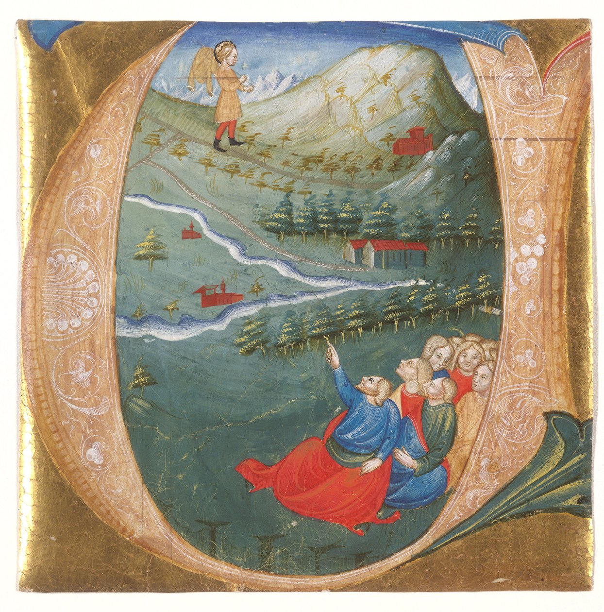 Inicial historiada representando Eliseu no Manto de Elias, recortando de um antifonário, c.1440 (tempera e folha de ouro em pergaminho) de Italian School
