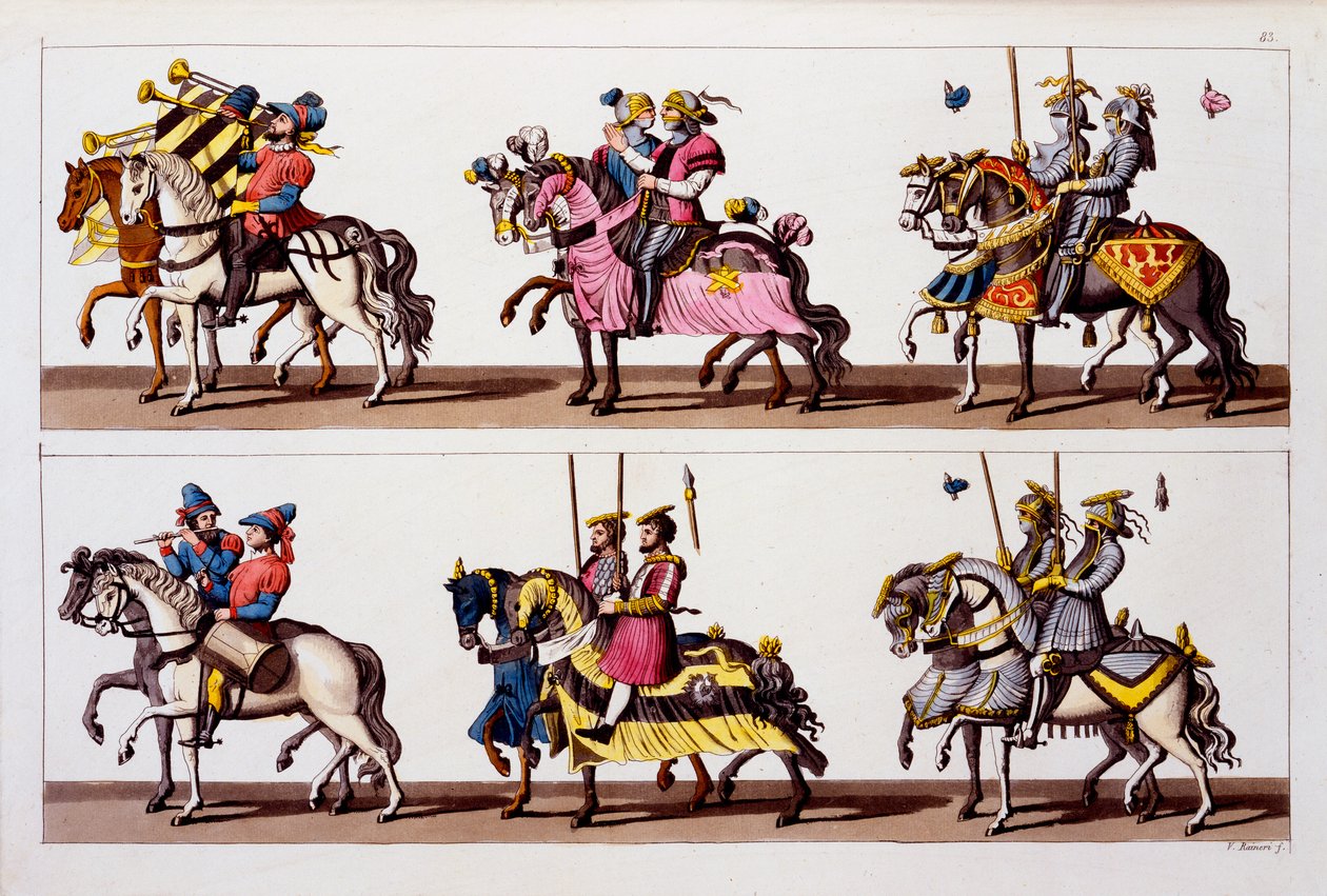 Sacro Império Romano: Participantes de um torneio no Castelo de Luxemburgo no tempo de Maximiliano I, de Costumi dei Romani, Svizzeri .. c.1800-18 de Italian School