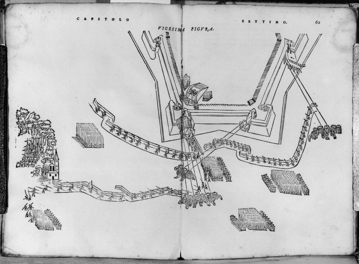 Como ajustar os postos de tiro e como escolher o ângulo das paredes, ilustração de Opera nuova di fortificare por Girolamo Cataneo Novarese (fl. C.1540-84) Brescia, 1564 de Italian School