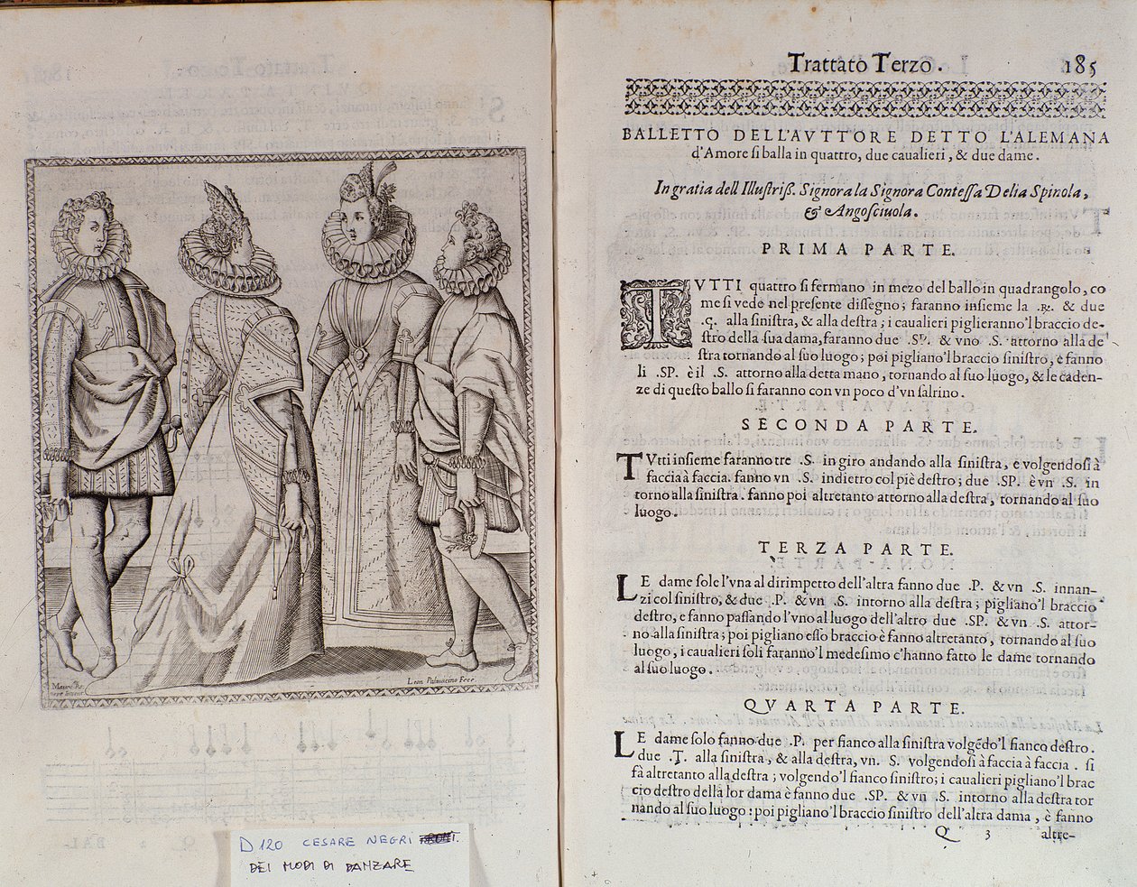 Como dançar a página dupla de Alemanna do Gratie dAmore (As graças do amor) pelo dançarino italiano Cesare Negri chamado The Trombone (1536-1604), tratado sobre dança de Italian School