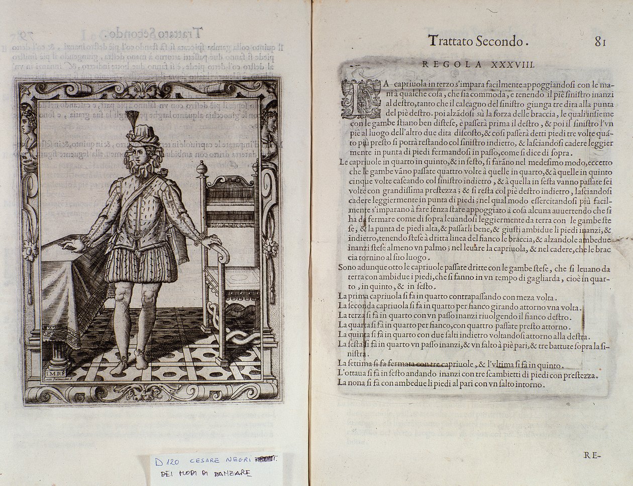 Como dançar a capriola Página dupla de Le Gratie dAmore (Le Grazie dAmore) pelo dançarino italiano Cesare Negri chamado The Trombone (1536-1604), tratado sobre dança de Italian School